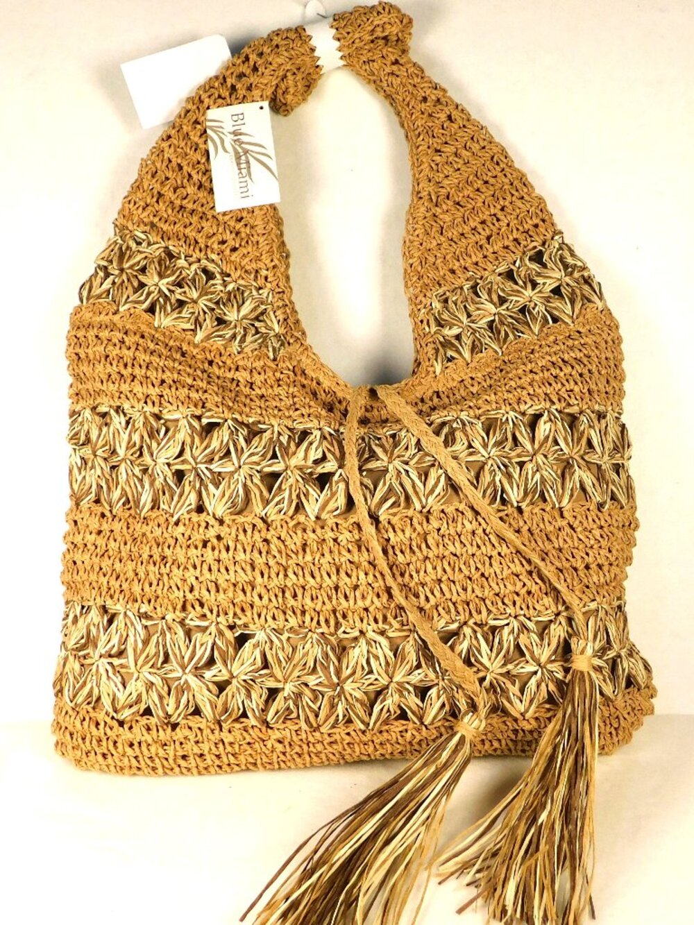 Blue Miami Crochet Star Straw Hobo Shoulder Bag w/Tassels Bohemian New with Tags